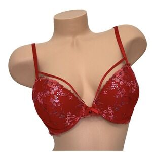 VICTORIA'S SECRET 34C Very Sexy Push-Up Plunge Add 1 Cup Bra Floral Lace Red‎